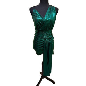 METALLIC GREEN ASYMMETRIC MINI DRESS WITH SASH